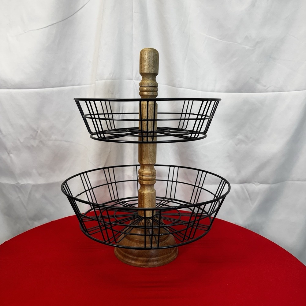 Fruit/Veg Basket‎ 2 Tier Wood & Wire. Countertop Storage/Display